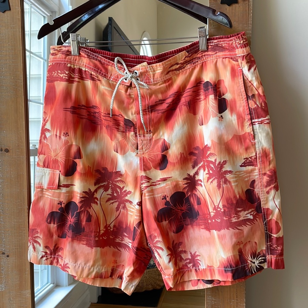 Tommy Bahama Relax Orange Hawaiian Print Board Shorts Size XL